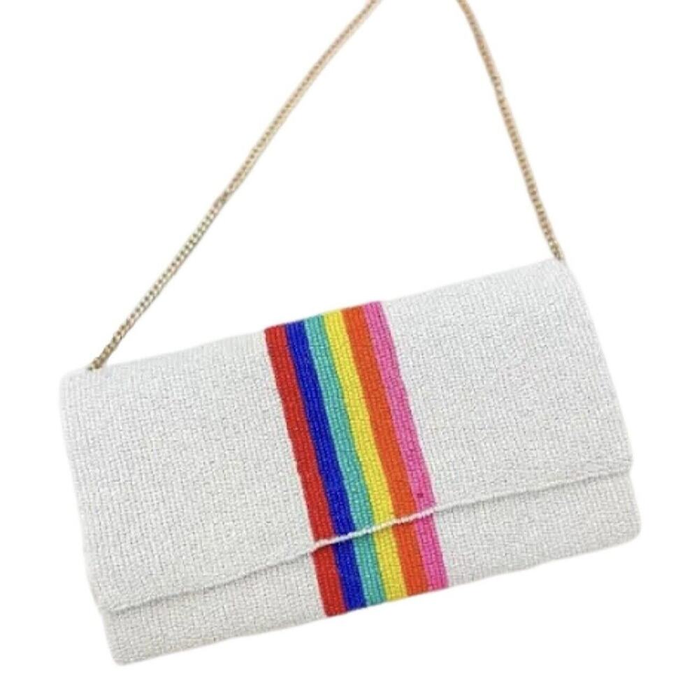 Boutique White Rainbow Color Block Seed Beaded Clutch / Crossbody Bag‎